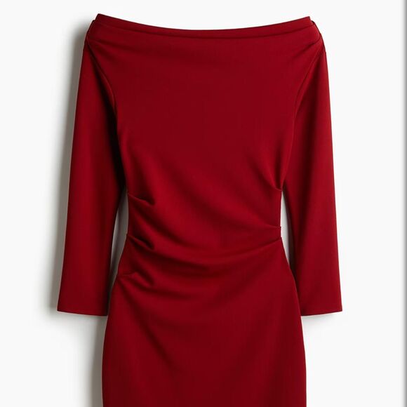 H&M Dark Red Mini Draped Off Shoulder Long Sleeve Dress Small - Picture 2 of 7
